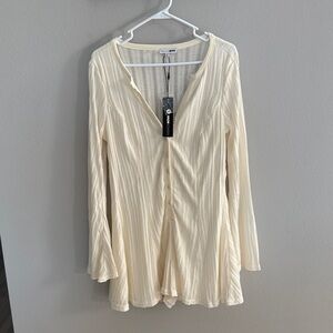 Fashion Nova Cream Ribbed Long Sleeve Romper